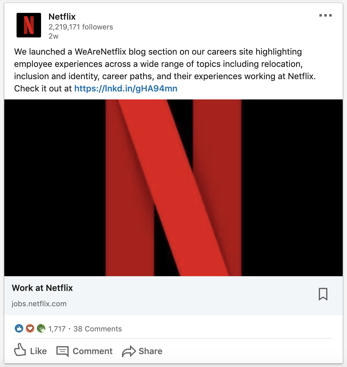 Netflix activating their employer brand on LinkedIn can play a role in their high volume recruiting strategy.